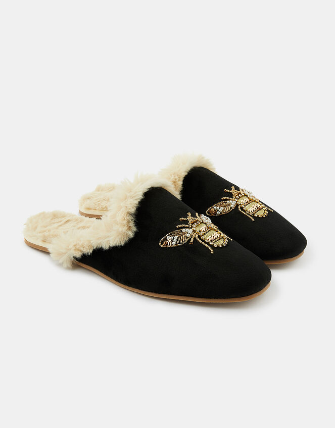 Embellished Bee Mule Slippers, Black (BLACK), large