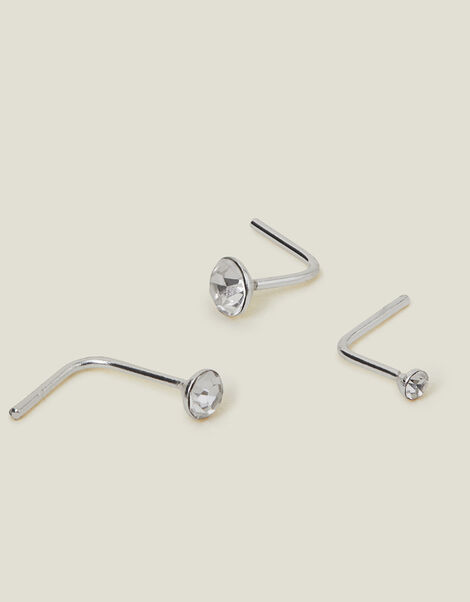 3-Pack Sterling Silver Diamante Nose Studs, , large