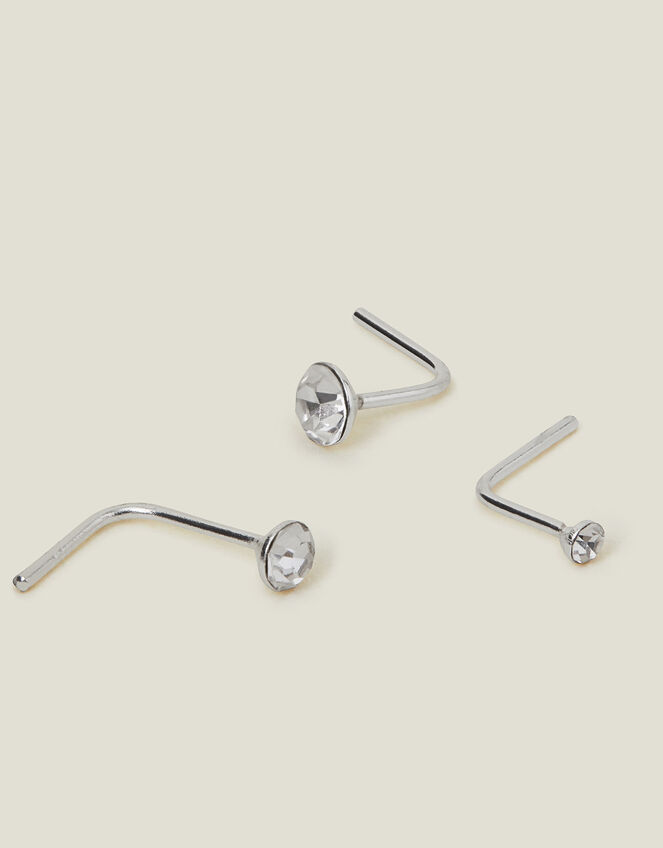 3-Pack Sterling Silver Diamante Nose Studs, , large
