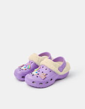 Girls Charm Faux Fur Lined Clogs, Purple (LILAC), large