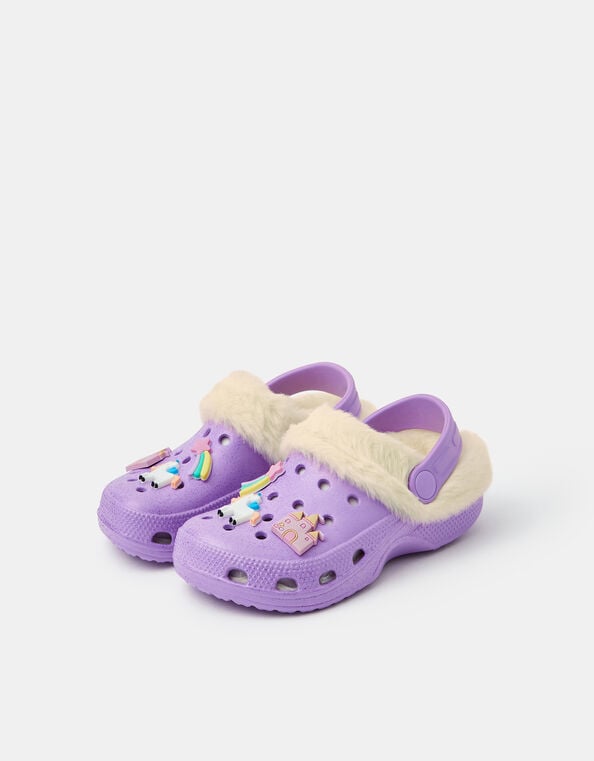 Girls Charm Faux Fur Lined Clogs, Purple (LILAC), large