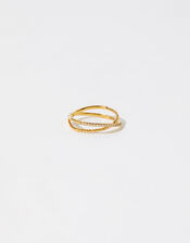 Gold-Plated Pave Cross-Over Ring, Gold (GOLD), large