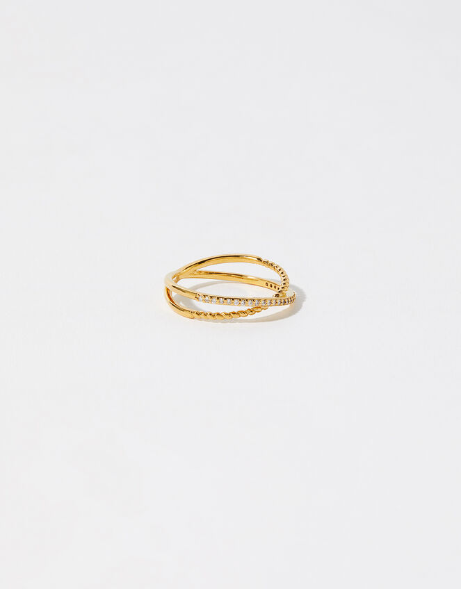 Gold-Plated Pave Cross-Over Ring, Gold (GOLD), large