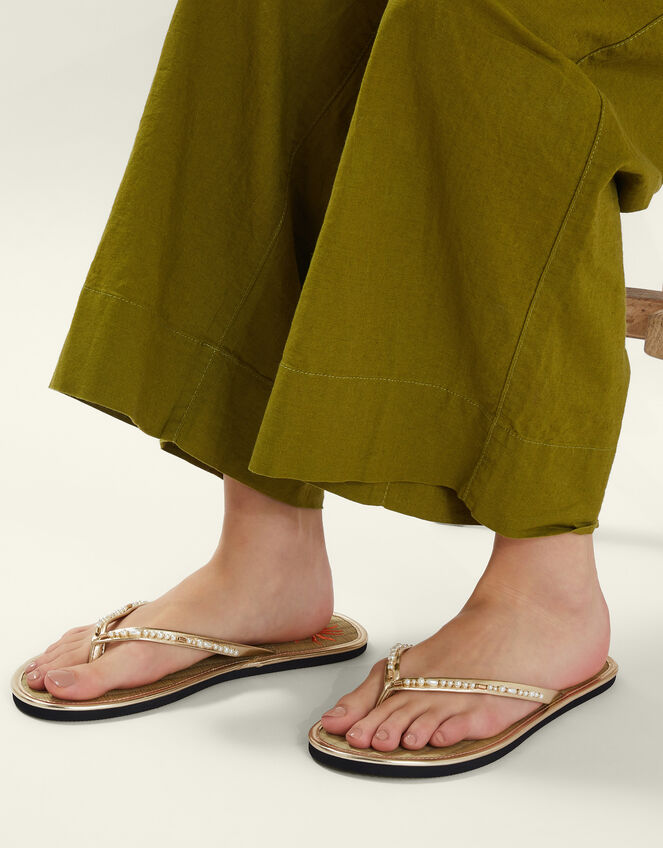Sun Embroidered Seagrass Flip Flops, Gold (GOLD), large