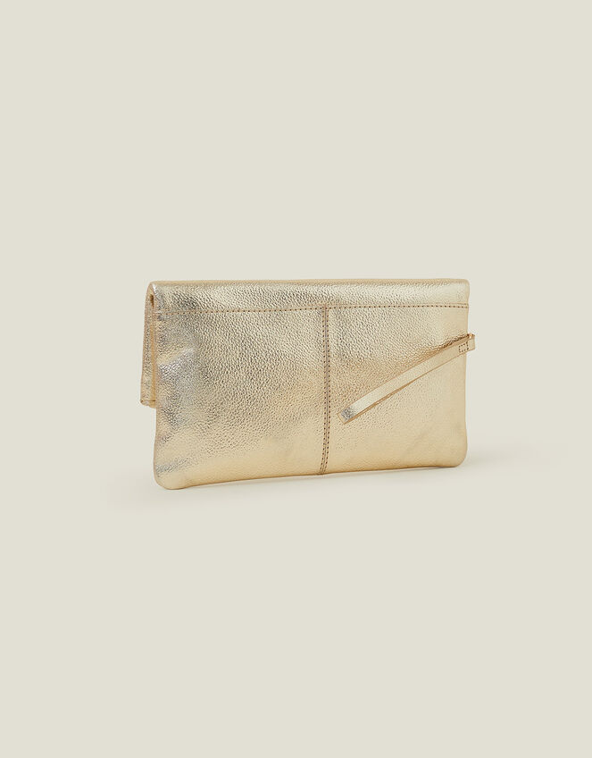 Leather Metallic Fold Over Clutch, Gold (GOLD), large
