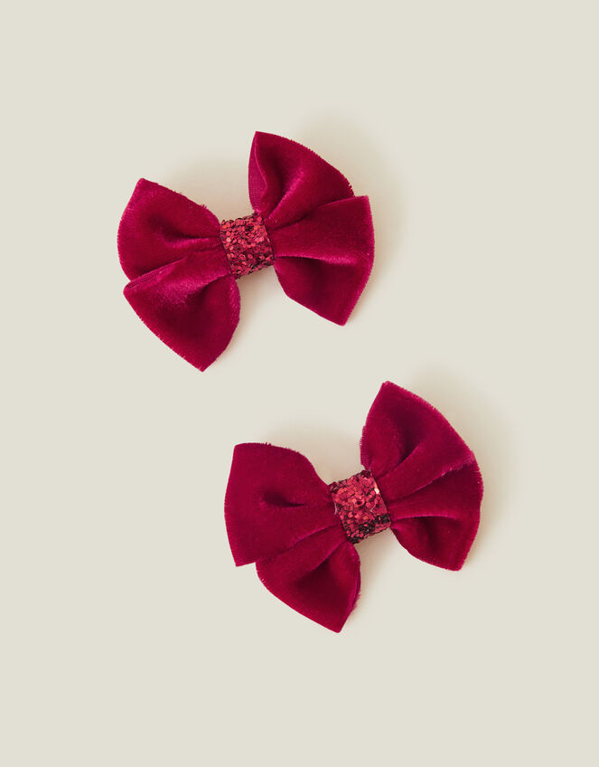 Girls Velvet Bow Clips Set of Two, Red (RED), large