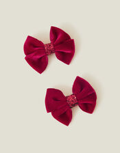 Girls Velvet Bow Clips Set of Two, Red (RED), large