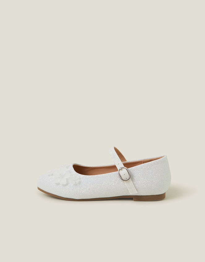 Girls Flower Glitter Strappy Ballet Flats, Ivory (IVORY), large