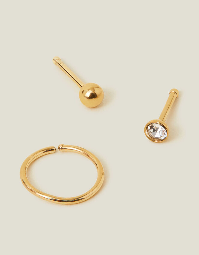 3-Pack 14ct Gold-Plated Surgical Steel Nose Studs, , large