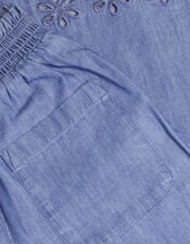 Girls Broderie Trim Chambray Trousers, Blue (BLUE), large