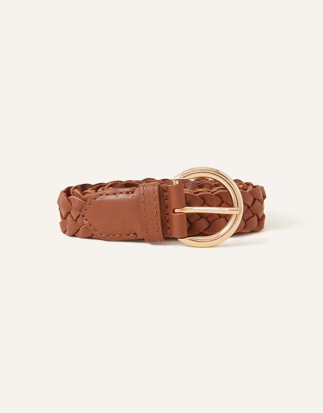 Leather Plaited Belt, Tan (TAN), large