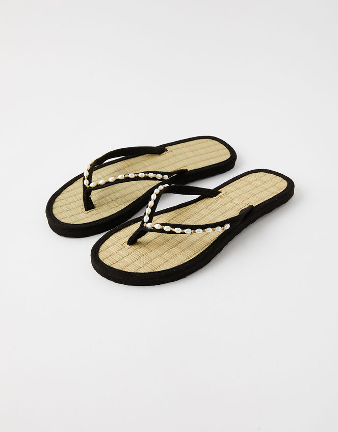 Pearl Beaded Seagrass Flip Flops , Black (BLACK), large