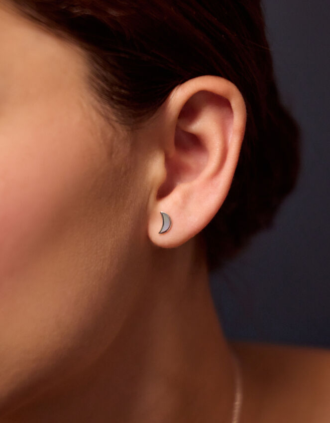 Sterling Silver Crescent Moon Stud Earrings, , large