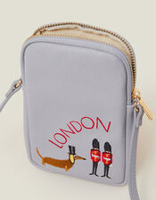 Embroidered London Sausage Dog Phone Bag, , large
