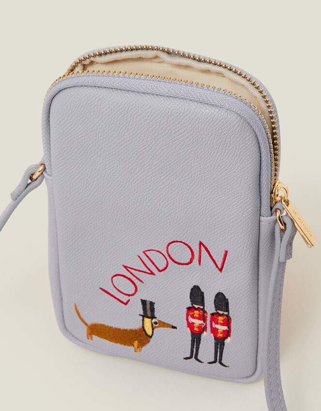 Embroidered London Sausage Dog Phone Bag, , large
