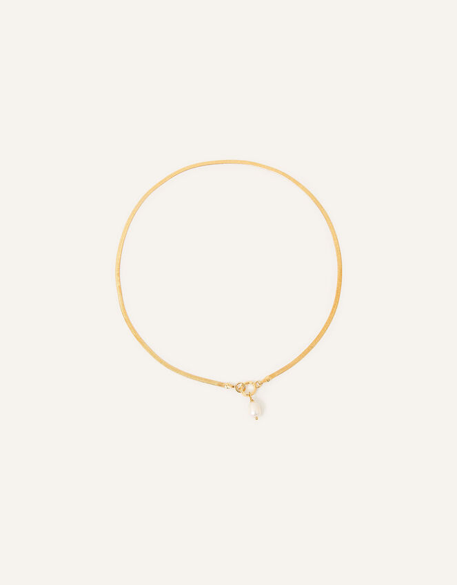 14ct Gold-Plated Herringbone Chain Pearl Pendant Necklace, , large