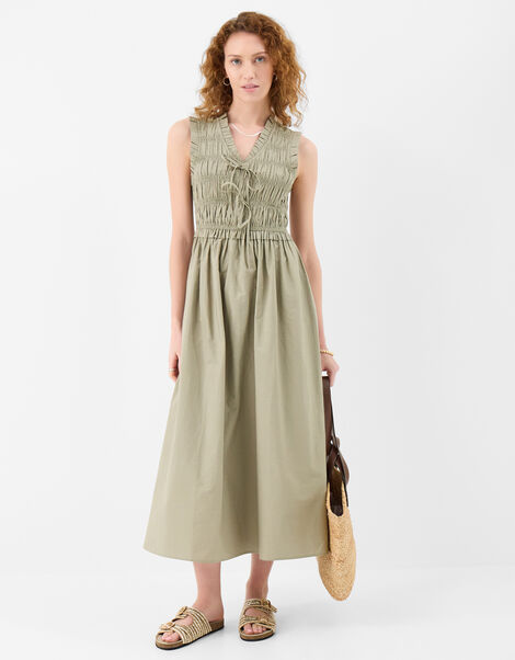 Tied Front Smocked Midi Dress, Green (KHAKI), large
