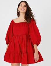 Puff Sleeve Dress in Organic Cotton, Red (RED), large