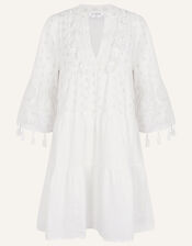 Dobby Tassel Trim Dress, White (WHITE), large