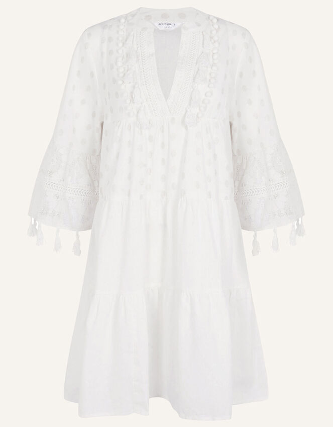 Dobby Tassel Trim Dress, White (WHITE), large