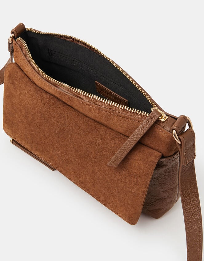 Fold Over Zip Leather Crossbody Bag, Tan (TAN), large