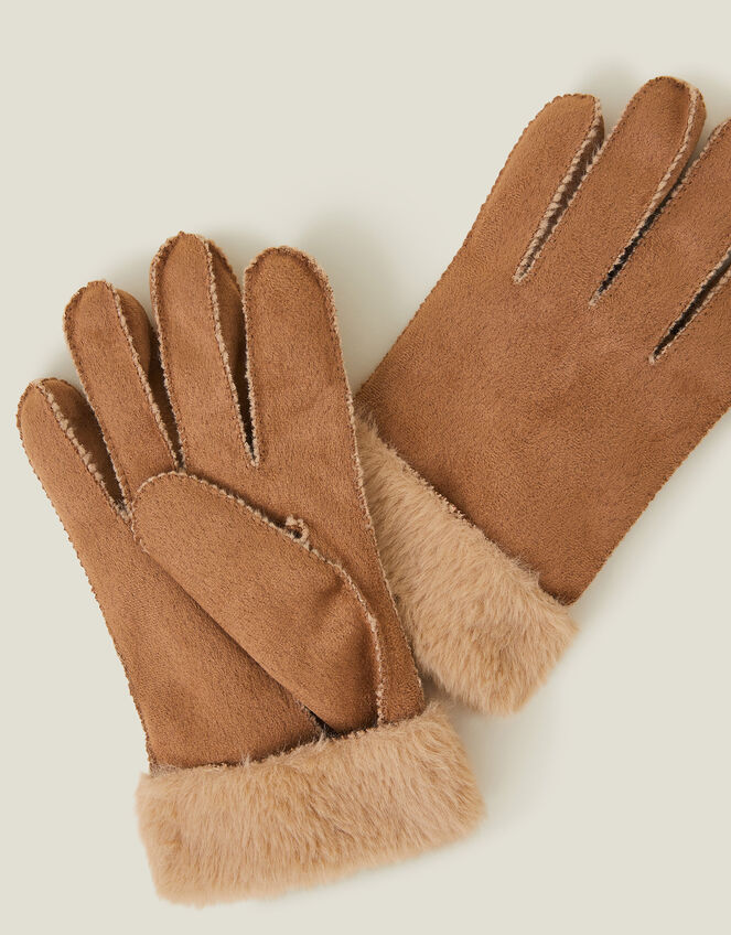 Faux Sheepskin Lined Gloves, Tan (TAN), large