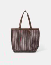 Mesh Stripe Shopper Bag, Brown (CHOCOLATE), large