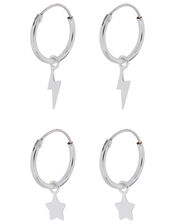 Sterling Silver Star and Bolt Hoop Earring Set, , large