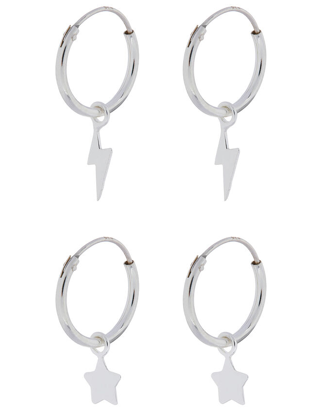 Sterling Silver Star and Bolt Hoop Earring Set, , large