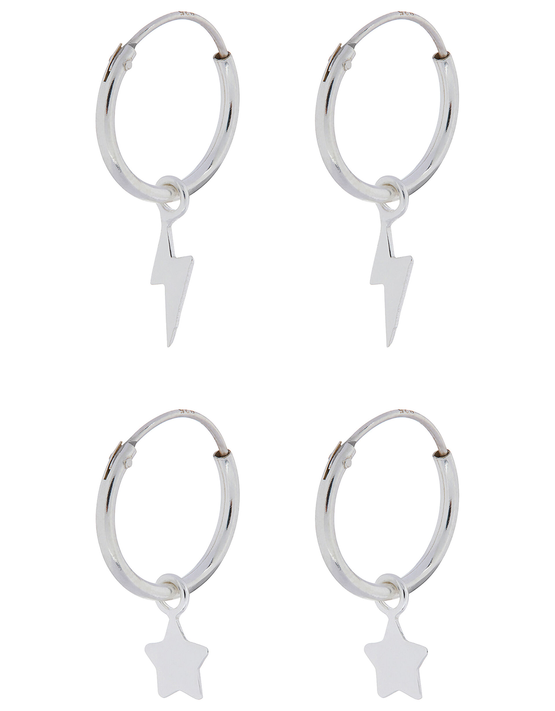 Sterling Silver Star and Bolt Hoop Earring Set, , large