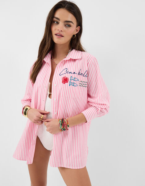 Ciao Bella Embroidered Stripe Shirt, Pink (PINK), large