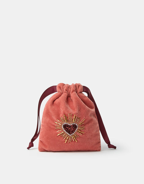 Embellished Heart Velvet Drawstring Bag, , large