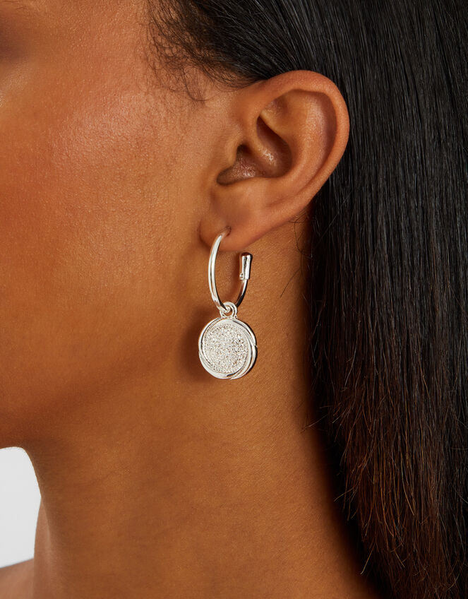 Coin Hoop Drop Earrings Silver, , large