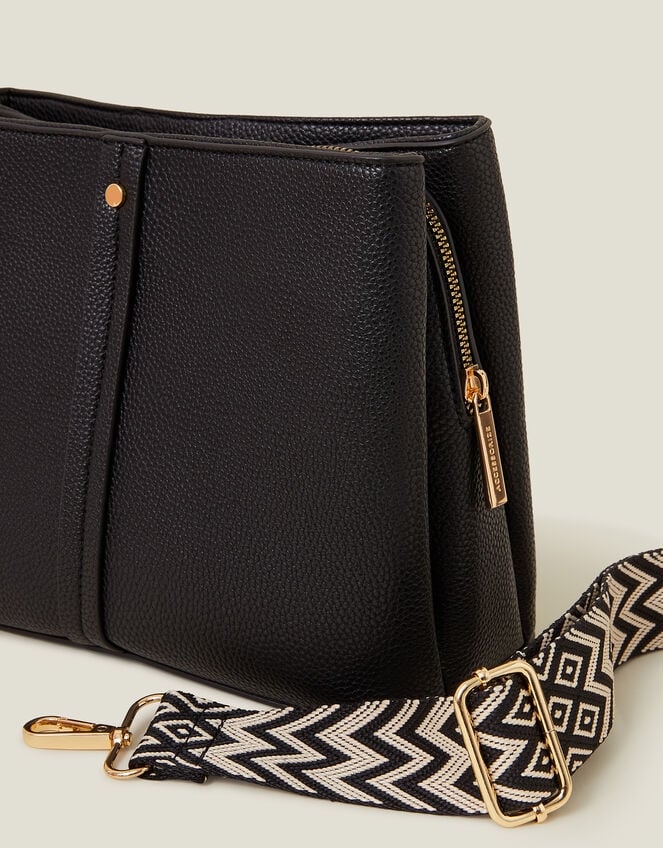 Faux Leather Webbing Strap Crossbody Bag, Black (BLACK), large