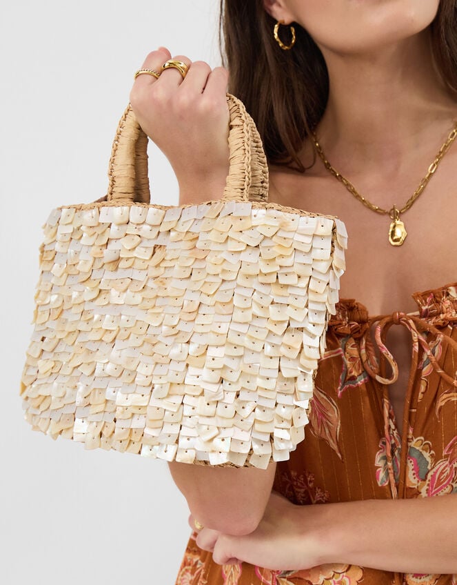 Mother of Pearl Raffia Handheld Bag, , large