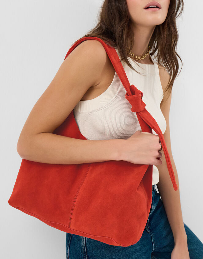 Slouchy Knot Leather Shoulder Bag, Orange (ORANGE), large