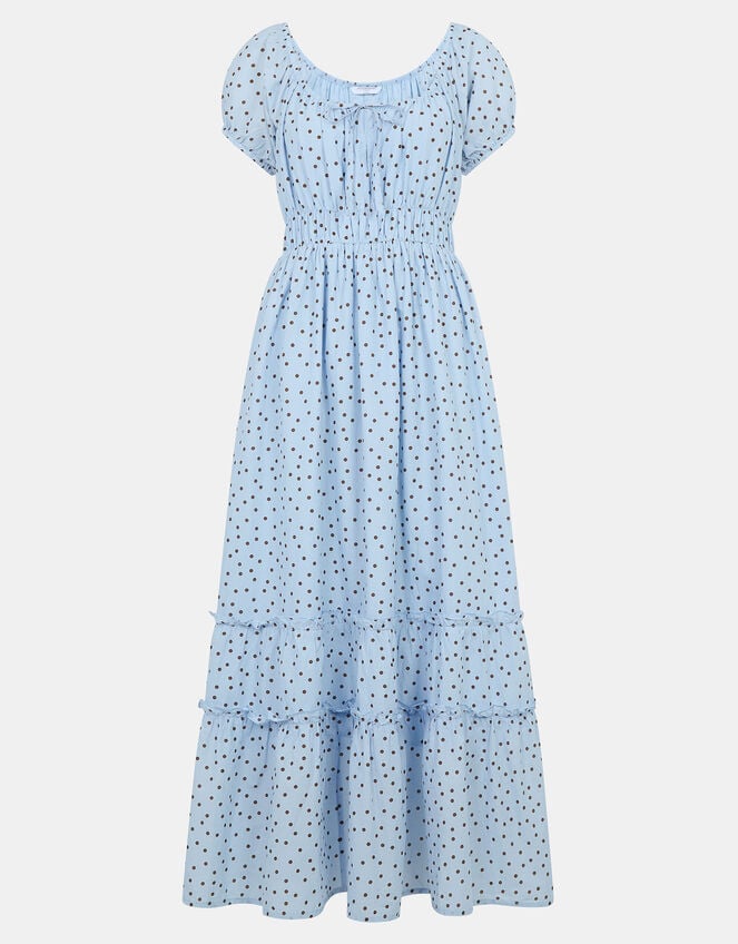 Polka Dot Puff Sleeve Midi Dress, Blue (BLUE), large