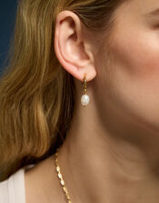 14ct Gold-Plated Pearl Drop Hoop Earrings, , large