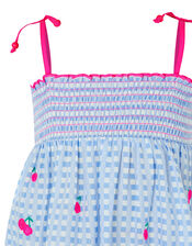 Embroidered Cherry Checked Dress, Blue (BLUE), large