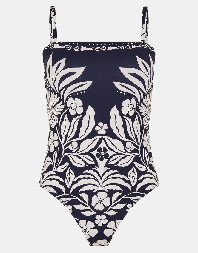 Floral Print Bandeau Swimsuit, Blue (NAVY), large