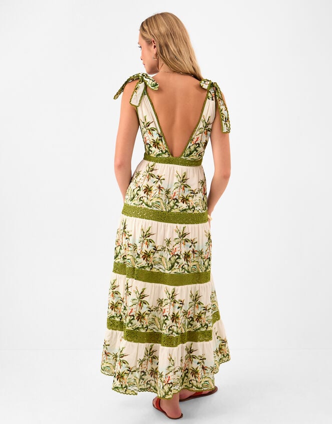 V-Neck Palm Print Tiered Maxi Dress, Ivory (IVORY), large