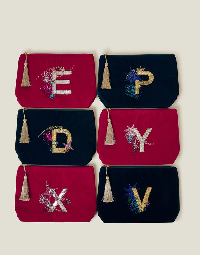 Large Sequin Initial Velvet Pouch, Multi (BRIGHTS MULTI), large