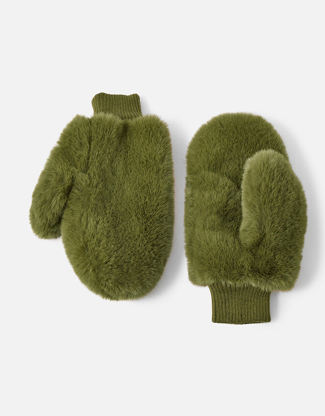 Faux Fur Mittens, Green (KHAKI), large