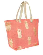 Metallic Pineapple Print Tote Bag, Orange (CORAL), large