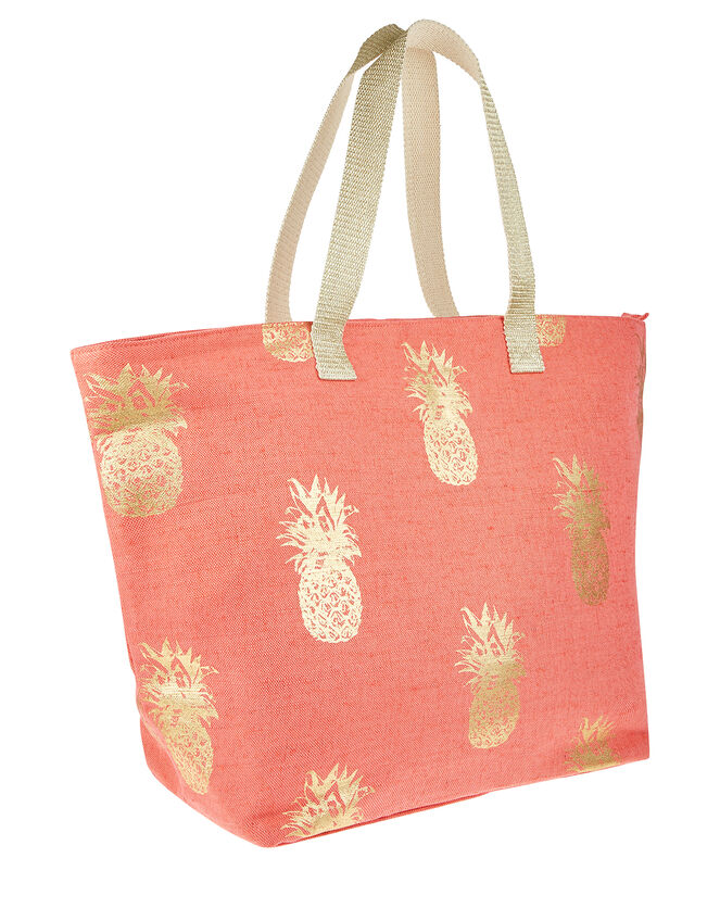 Metallic Pineapple Print Tote Bag, Orange (CORAL), large