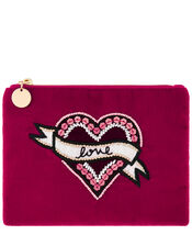 Love Embroidered Velvet Zip Pouch, , large