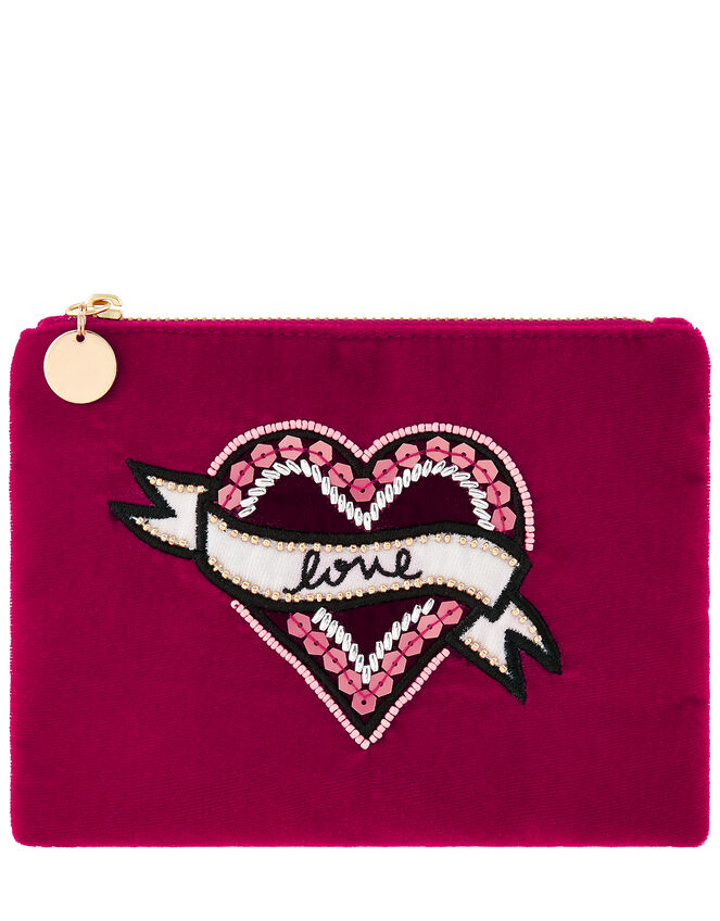 Love Embroidered Velvet Zip Pouch, , large
