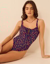 Cherry Print Front Tie Swimsuit, Blue (NAVY), large