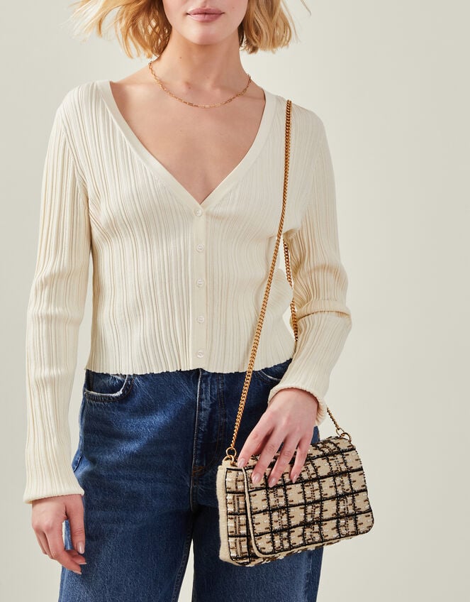 Woven Embellished Clutch Bag Cream, , large