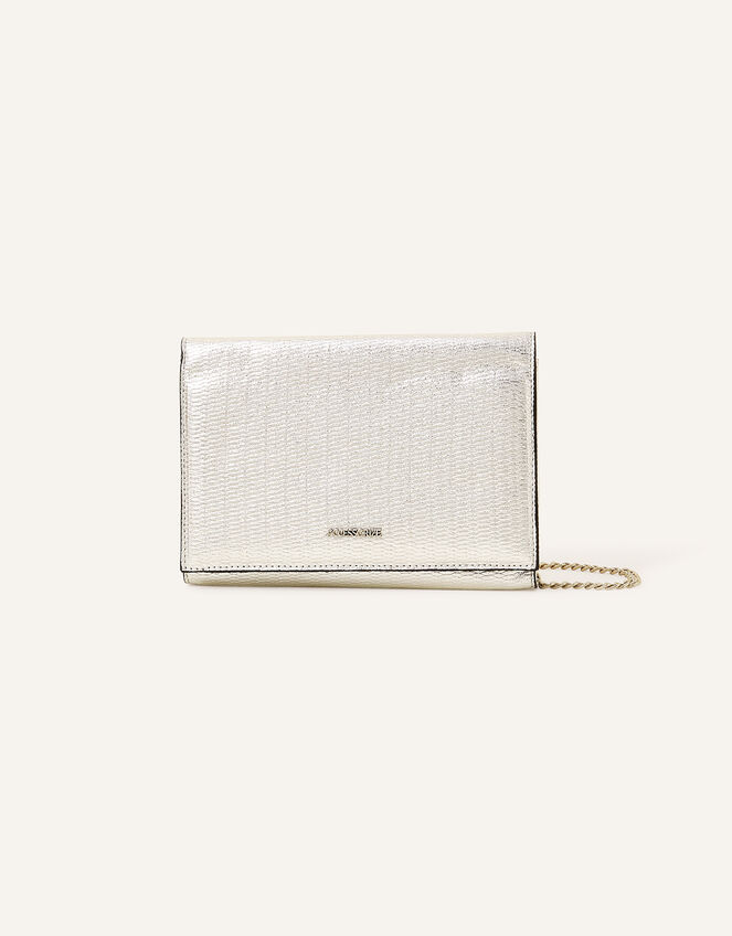 Metallic Chain Sleek Shoulder Bag, Silver (SILVER), large